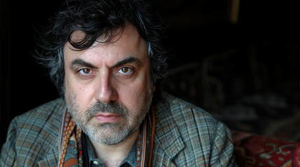 Obraz premium A man with curly hair and a serious gaze sits in a dimly lit space, wearing a patterned jacket. The setting suggests deep contemplation or reflection