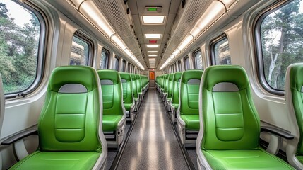 Obraz premium Empty train carriage features vibrant green seats, spacious aisle, and large windows letting in natural light, creating a calm and inviting atmosphere for travelers