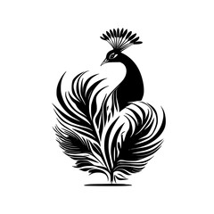 Elegant Peacock Silhouette: Black and White Bird Feather Design.  Perfect for nature lovers, art enthusiasts, and home decor.  A symbol of beauty and exotic wildlife.