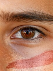 Obraz premium Close-up of a person's eye with brown iris and pink eyeshadow