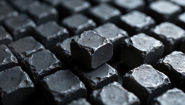 Closeup view of many tungsten metal ingots. Industrial manufacturing process. Raw materials for tech. High tech material. Ingots arranged in grid pattern. Solid metal components. Resource extraction.