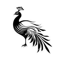 Elegant Peacock Silhouette: Black and White Bird Feather Design.  Perfect for nature lovers and art enthusiasts. This stylized graphic is ideal for prints, home decor, and more.