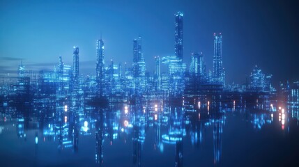 Futuristic Cityscape Illuminated at Night Reflecting in Water