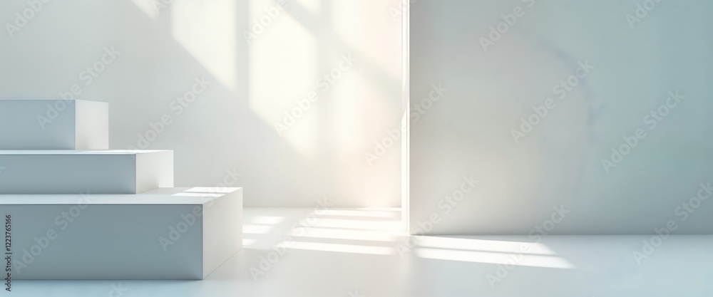 Poster abstract geometric design. white, light blue cubes create modern interior. light shadows play on sur