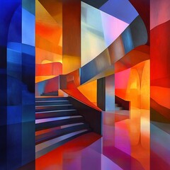 Obraz premium Stunning interior design featuring abstract shapes and vibrant colors with geometric inspirations