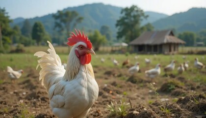 Fototapeta premium Majestic Rooster in a Serene Rural Landscape
