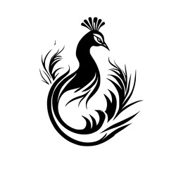 Elegant Peacock Bird: Black and White Abstract Feather Design.  Stylish Wildlife Nature Illustration, Perfect for Graphic Art, Symbol, and Decorative Patterns.