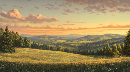Naklejka premium view of rolling hills, lush evergreen forests, distant mountain ridges, soft sunset hues, gentle cloud wisps, wild grasses in foreground, serene wilderness scene. Wild Ridge. Illustration
