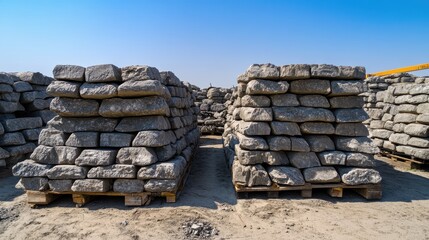 Stacked Natural Stone Blocks on Pallets at Construction Site Under Clear Blue Sky, Preparing for Building Projects and Landscape Design