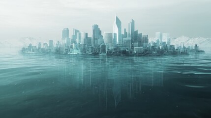 Obraz premium Layers of transparent graphs and charts rise out of a submerged metropolis illustrating the struggle of the city beneath surging tides of inflation that threaten to consume it.
