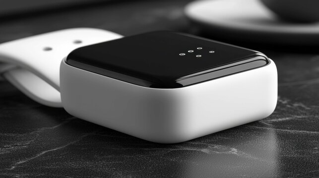 A sleek smartwatch in black and white displayed on a marble countertop, showcasing modern technology and minimalistic design.