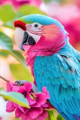 Naklejka premium Exotic Hyacinth Macaw perched among vibrant fuchsia flowers, showcasing stunning blue feathers and unique burgundy accents in a lush tropical setting