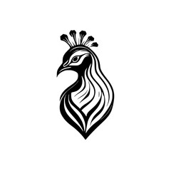 Elegant Peacock Bird Vector Design: Black and White Vintage Style Illustration