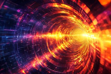 Obraz premium Abstract neon tunnel with glowing geometric patterns creating a sense depth and movement, ideal for a dynamic background.