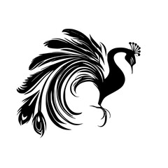 Elegant Peacock Silhouette: Black and White Bird Feather Design.  Perfect for nature, wildlife, and art-themed projects.  A stunning graphic illustration.