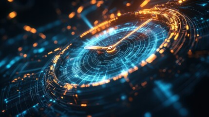 Orange and blue glowing futuristic clock displaying time passing through a digital landscape, featuring shallow depth of field and intricate circuitry, embodies innovation and modern technology
