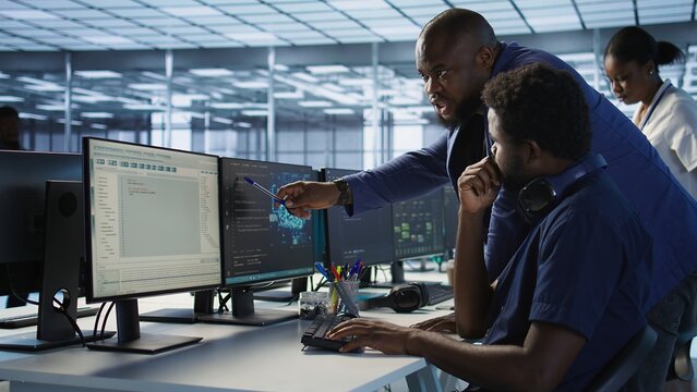 Data center manager helps intern implement AI predictive maintenance systems. Server farm supervisor checks work done by employee using artificial intelligence to identify hardware failures, camera A