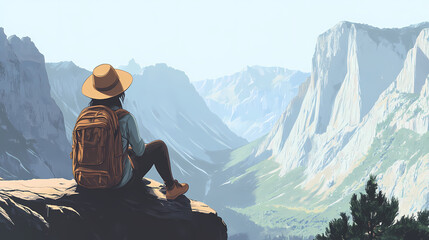 Fototapeta premium A person sits on a ledge overlooking a vast mountain landscape, wearing a hat and backpack, enjoying the scenic view. Wild Ridge. Illustration