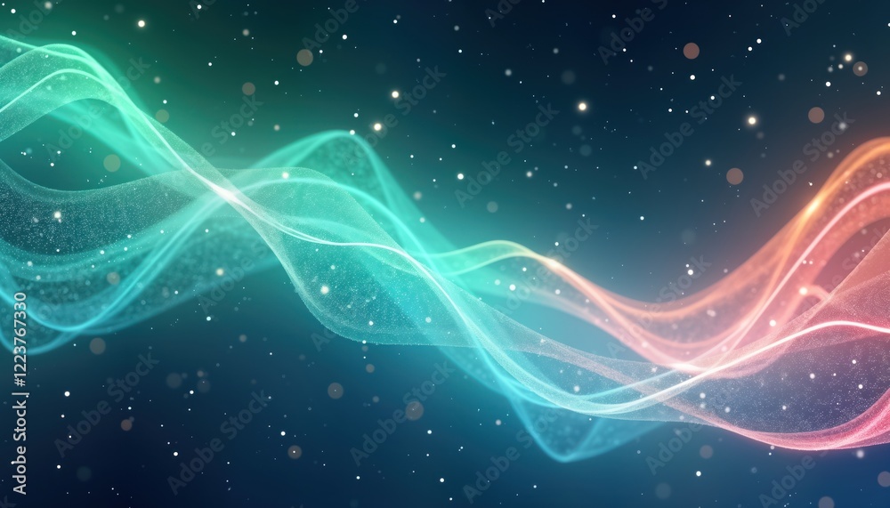 Poster Abstract design with flowing lines in green blue, pink colors. Glowing lines create dynamic motion effect. Stars create night sky effect. Illustration used for wallpaper backgrounds for various