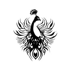 Elegant Peacock: Black and White Bird Feather Design. Abstract Animal Graphic, Monochrome Wildlife Art, Nature Symbol, Ornate Pattern Illustration