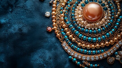 Obraz premium Teal fabric backdrop, gold & turquoise jewelry, necklaces, bracelets, close-up