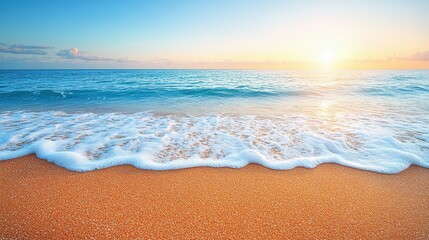 Obraz premium Golden sunlight washes over the serene sandy beach as gentle waves roll in and crash softly on the shore. The tranquil scene captures the beauty of a new day