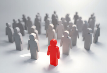 Red Figure Standing Out in a Crowd of White Figures Representing Leadership and Individuality
