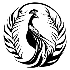Obraz premium Majestic Peacock: Black and White Circular Bird Design. Elegant, Stylized Avian Art, Nature-Inspired Graphic, Wildlife Illustration.