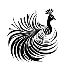 Elegant Peacock Feather Design: Black and White Abstract Bird Illustration