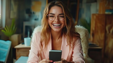 Happy businesswoman sitting at a desk with a smartphone, celebrating unbelievable news such as a lottery win, sale promotion, or getting hired for a dream job