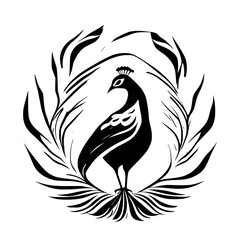 Majestic Peacock in Monochrome: Elegant Bird Illustration with Ornate Feathers and Circular Design