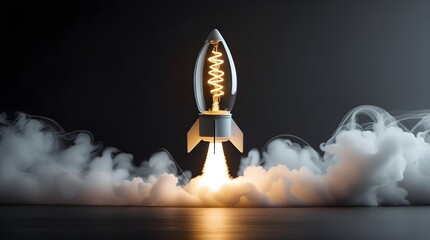 a light bulb rocket taking off, creative idea or development successful launches, large space for copy