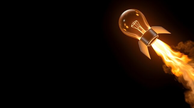 a light bulb rocket taking off, creative idea or development successful launches, large space for copy
