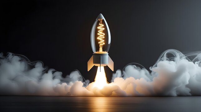 a light bulb rocket taking off, creative idea or development successful launches, large space for copy