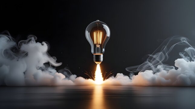 a light bulb rocket taking off, creative idea or development successful launches, large space for copy