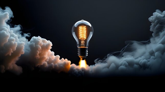 a light bulb rocket taking off, creative idea or development successful launches, large space for copy