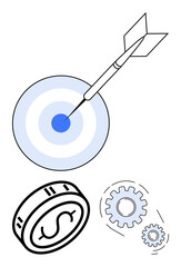Target with arrow hitting the center, dollar coin, and two gears. Ideal for business goals, financial planning, success, efficiency, strategy productivity. Line metaphor