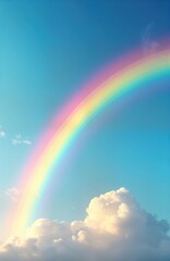 Stunning view of vibrant rainbow arching across clear azure sky. Fluffy white clouds clustered below rainbow. Contrast between bright colours of rainbow, soft pastel colours of clouds captivating.
