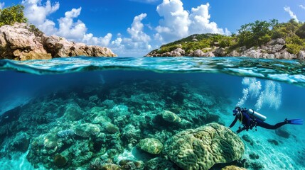 Fototapeta premium A diver exploring a coral reef teeming with marine life in clear turquoise water