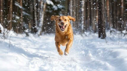A dog running joyfully in the snow with its owner in a winter forest