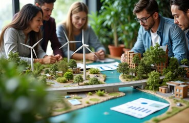 Diverse group of students collaborate on eco-friendly urban project. Use miniature models to plan city with renewable energy sources, green spaces. Sustainable development, waste recycling key