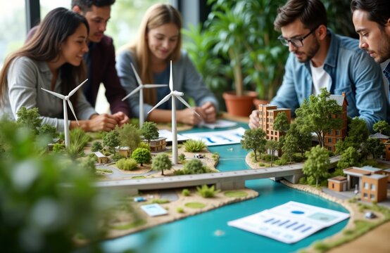 Diverse group of students collaborate on eco-friendly urban project. Use miniature models to plan city with renewable energy sources, green spaces. Sustainable development, waste recycling key