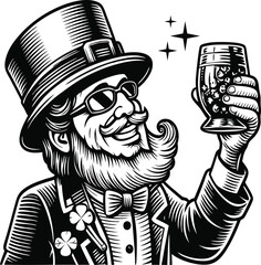 Fototapeta premium leprechaun raising a whiskey glass, wearing a top hat with a shamrock transparent background vector with a twisted trunk and lush foliage, symbolizing art sketch engraving ink poster 