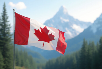 Canadian Flag Waving in Front of Scenic Mountain Landscape