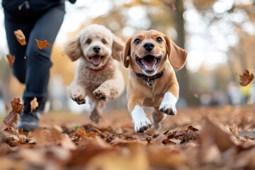 Two dogs run freely in an autumn park, joyfully playing in fallen leaves, embodying the playful spirit of pets and the beauty of nature during the fall season.