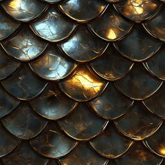 A striking close-up view of metallic scales arranged in an overlapping pattern. The surfaces exhibit a glossy finish and shimmering light reflections, creating an intriguing visual effect