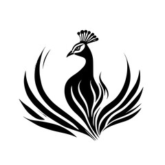 Elegant Peacock Silhouette: Black and White Bird Design, Abstract Nature Illustration, Wildlife Vector Graphic
