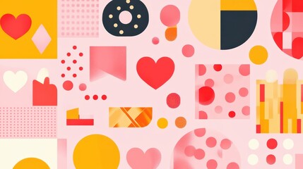Colorful abstract shapes and patterns, including hearts and circles, overlap in a lively arrangement, invoking feelings of joy and celebration