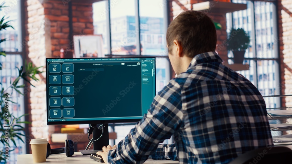 Fototapete Man solving personal tasks with AI LLM chatbot answering prompts using predictive technology. Person using computer in apartment to interact with large language model program, camera B