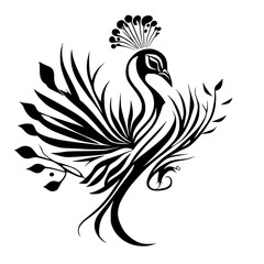 Elegant Peacock Bird: Black and White Abstract Design, Nature-Inspired Wildlife Art, Stylized Avian Illustration